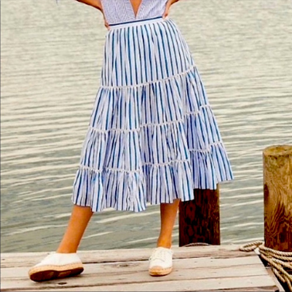 J. Crew Striped Tiered Cotton Midi Skirt Medium